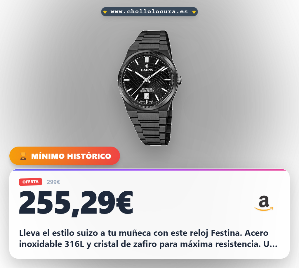 Lleva el estilo suizo a tu muñeca con este reloj Festina. Acero inoxidable 316L y cristal de zafiro para máxima resistencia. Un diseño elegante y preciso para tu día a día. La precisión suiza que mereces, con un acabado premium.