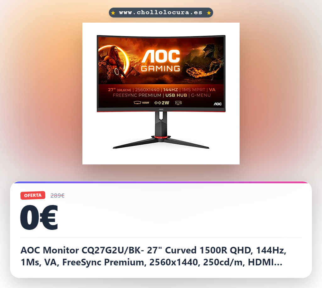 AOC Monitor CQ27G2U/BK- 27" Curved 1500R QHD, 144Hz, 1Ms, VA, FreeSync Premium, 2560x1440, 250cd/m, HDMI 2x2.0, Displayport 1x1.2