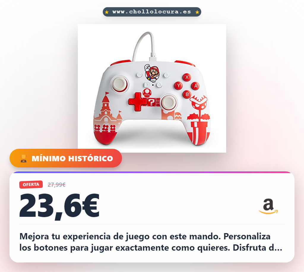 Aprovecha el mando Nintendo Switch Mario con licencia oficial y cable largo en oferta histórica