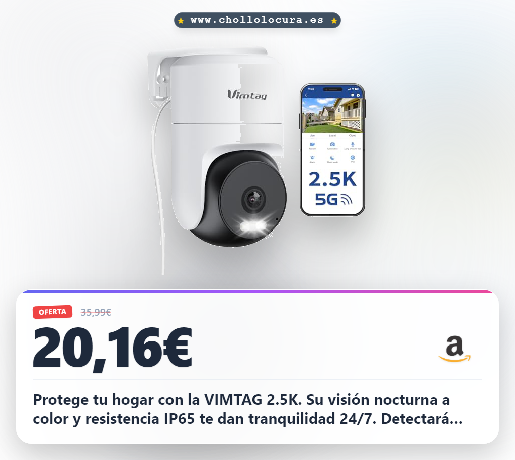 Encuentra la cámara de seguridad VIMTAG 2.5K 360° IP65 en oferta histórica con detección humana y visión nocturna color.