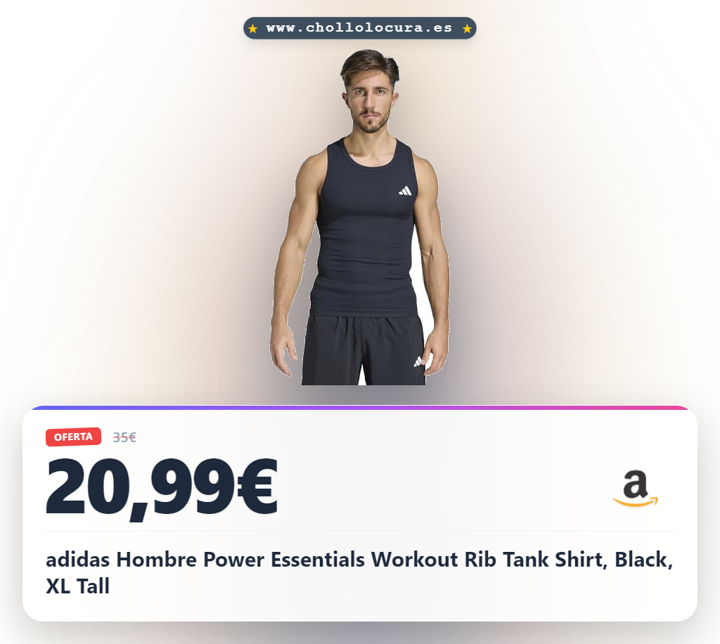 adidas Hombre Power Essentials Workout Rib Tank Shirt, Black, XL Tall