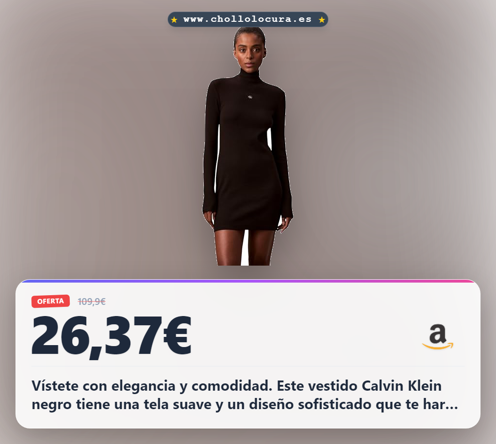 Vístete con elegancia y comodidad. Este vestido Calvin Klein negro tiene una tela suave y un diseño sofisticado que te hará destacar. Disfruta de la calidad auténtica de la marca y ahorra 30€ hoy. ¡El estilo que mereces al mejor precio!