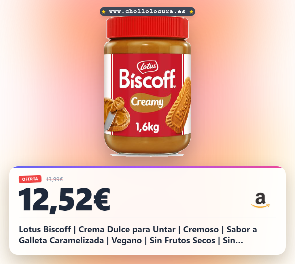 Consigue la crema Biscoff vegana sin frutos secos y sin colorantes en oferta histórica. Textura suave y crujiente para untar.