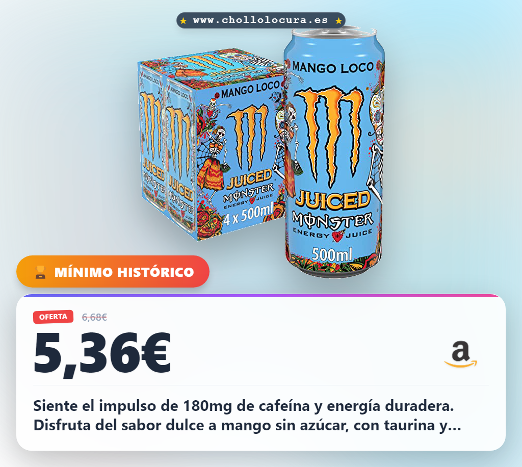 Aprovecha Monster Mango Loco con 180mg de cafeína y taurina para energía duradera en oferta