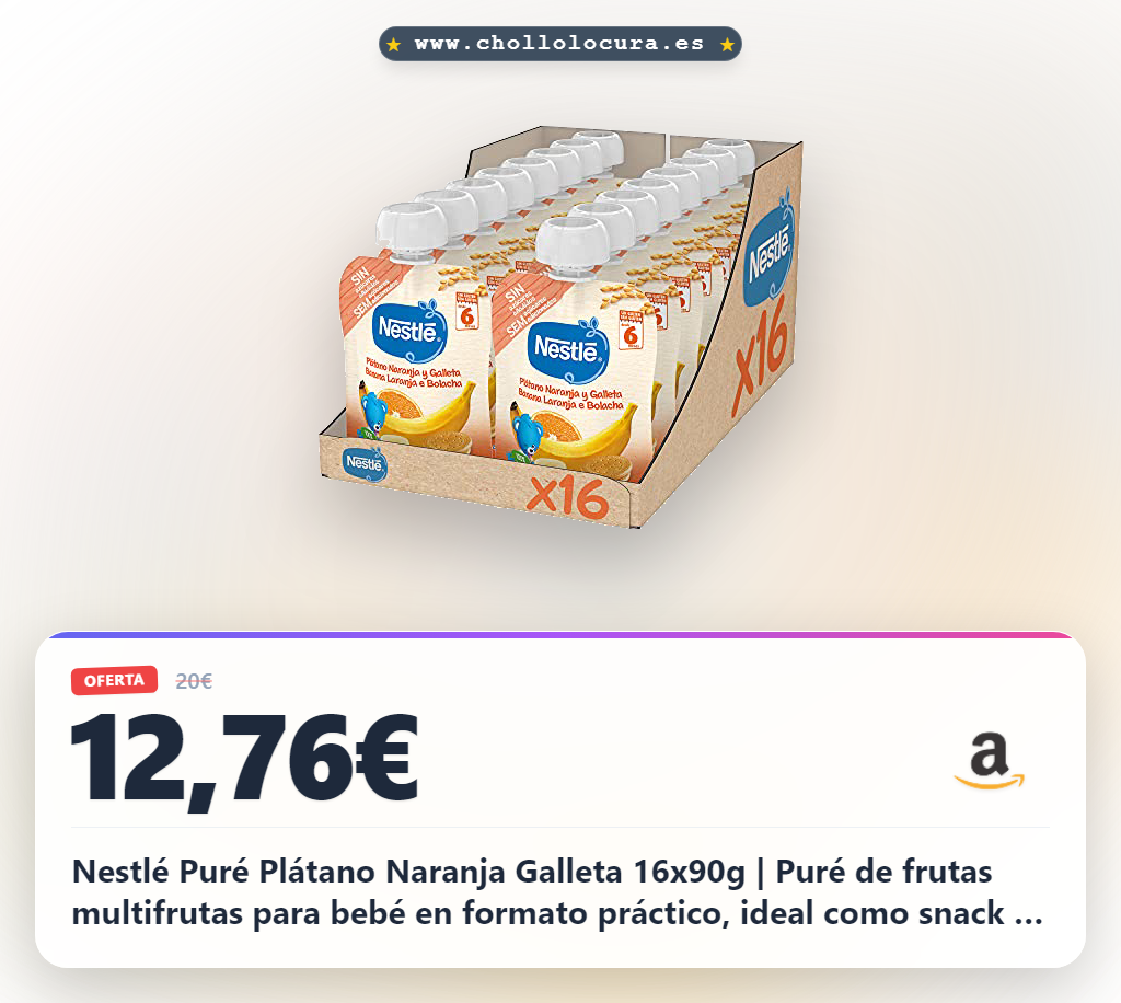 Nestlé Puré Plátano Naranja Galleta 16x90g | Puré de frutas multifrutas para bebé en formato práctico, ideal como snack o merienda infantil