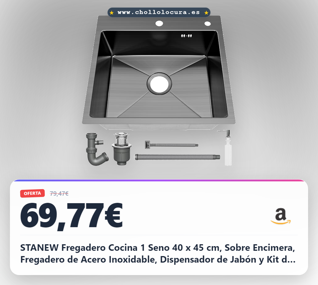 STANEW Fregadero Cocina 1 Seno 40 x 45 cm, Sobre Encimera, Fregadero de Acero Inoxidable, Dispensador de Jabón y Kit de Drenaje, Para Cocina Compacta y Autocaravana