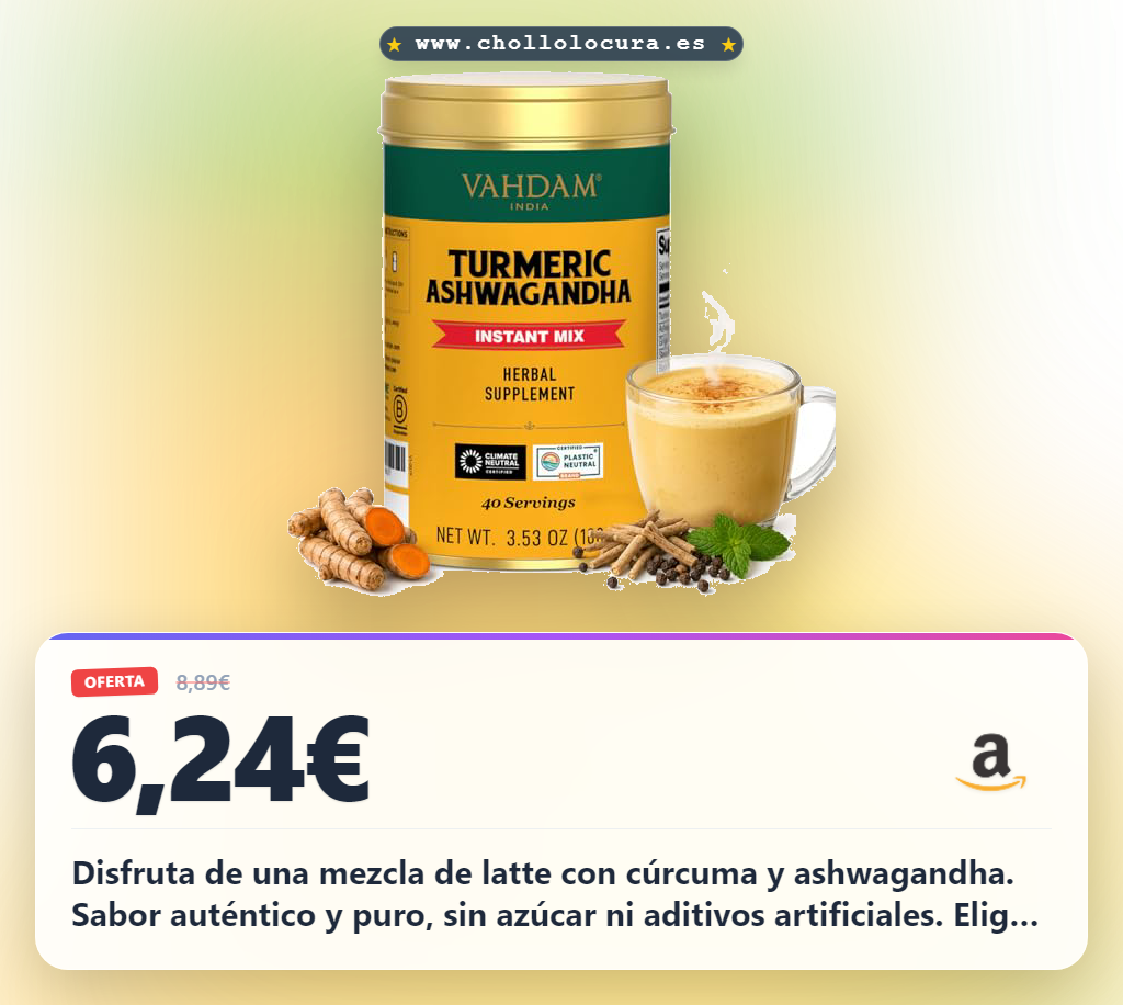 Aprovecha la mezcla de Latte de Cúrcuma y Ashwagandha VAHDAM en polvo al mejor precio de la oferta