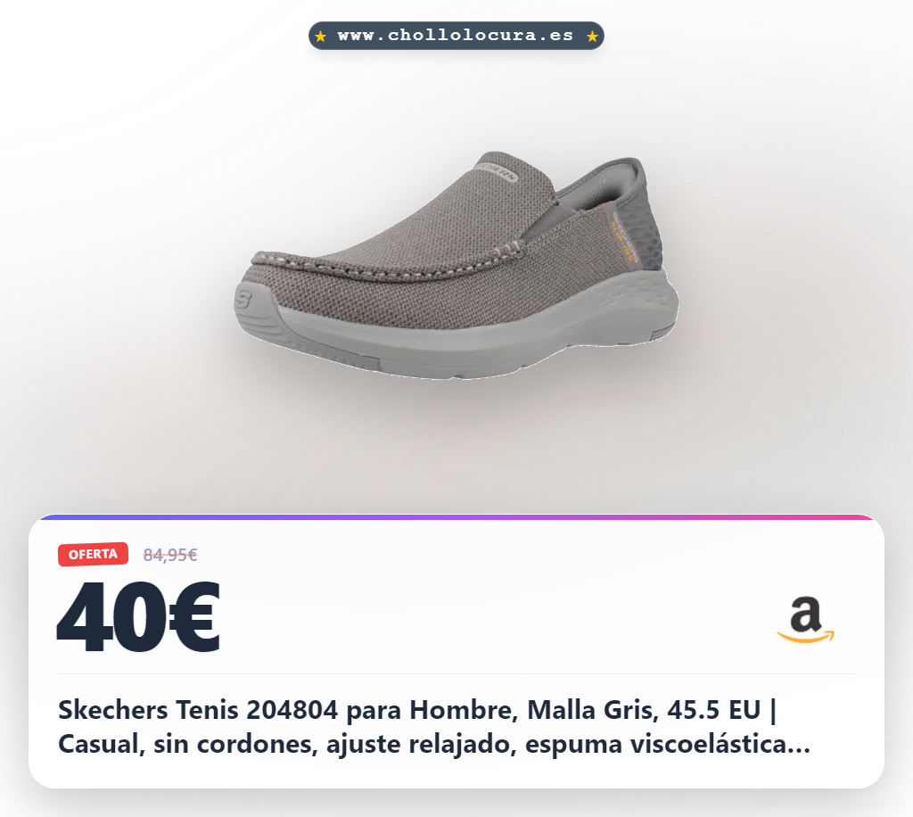 Skechers Tenis 204804 para Hombre, Malla Gris, 45.5 EU | Casual, sin cordones, ajuste relajado, espuma viscoelástica refrigerada por aire, lavable a máquina, vegano
