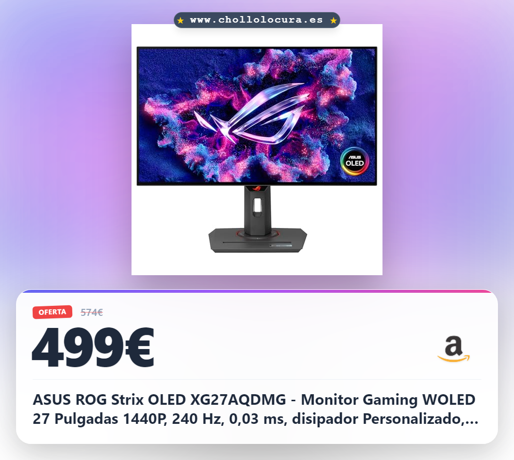 ASUS ROG Strix OLED XG27AQDMG - Monitor Gaming WOLED 27 Pulgadas 1440P, 240 Hz, 0,03 ms, disipador Personalizado, Antiparpadeo, Care, Brillo Uniforme, G-Sync, DisplayWidget Center