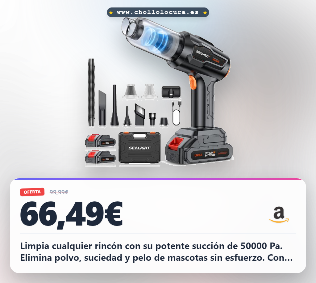 Consigue el aspirador de mano SEALIGHT 50000Pa inalámbrico con doble batería para coche y hogar.