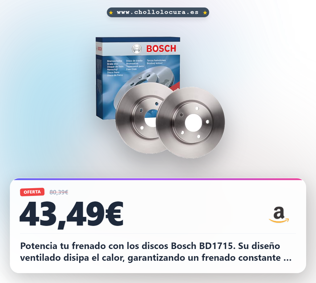 Potencia tu frenado con los discos Bosch BD1715. Su diseño ventilado disipa el calor, garantizando un frenado constante y seguro. Protege tu vehículo de la corrosión y mejora la respuesta en cada parada.