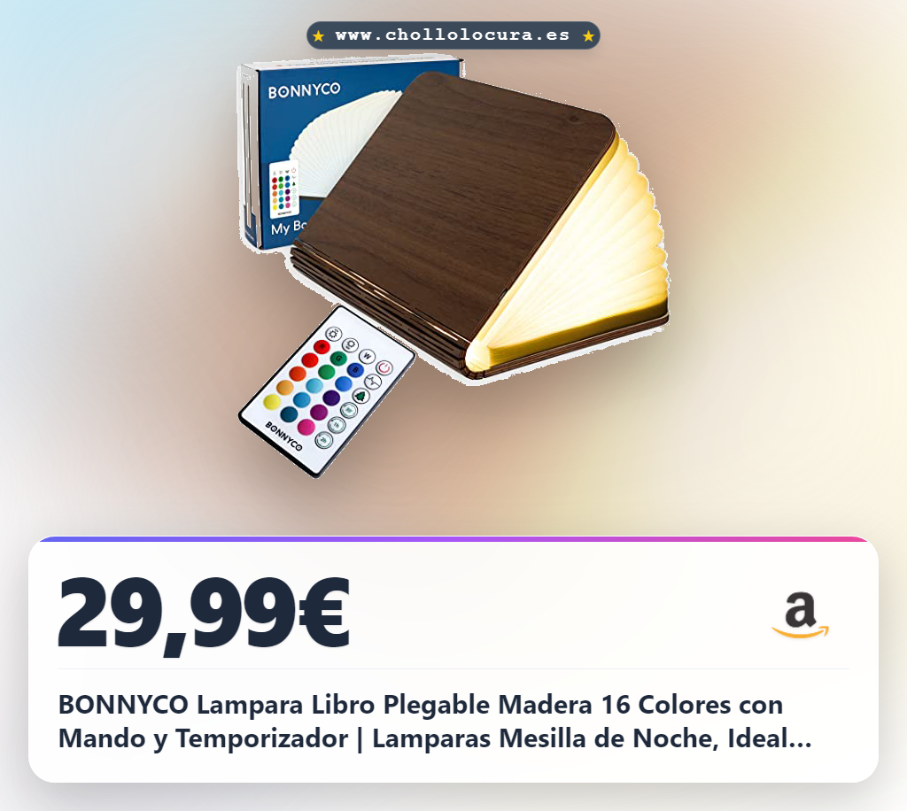 BONNYCO Lampara Libro Plegable Madera 16 Colores con Mando y Temporizador | Lamparas Mesilla de Noche, Ideal para Decoracion Casa y Habitacion. Regalo Original para Cumpleaños, Navidad, Amigo Invisible