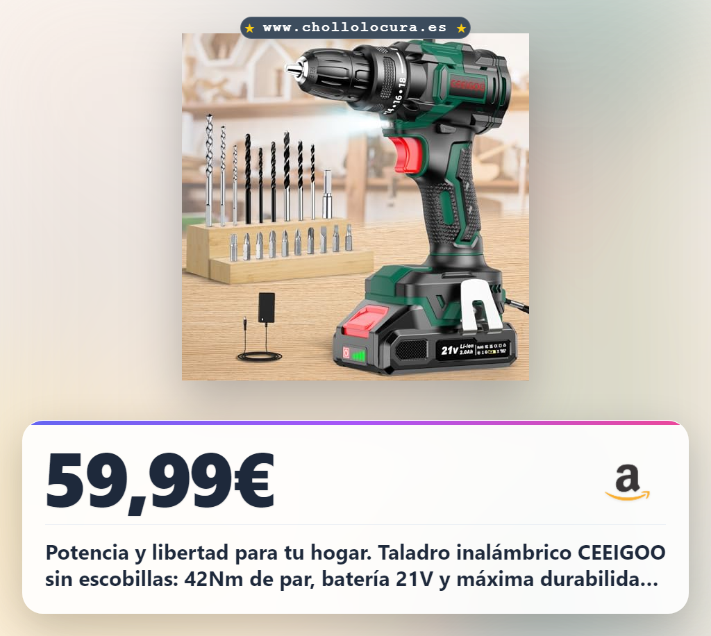 Consigue Taladro Atornillador Inalámbrico 21V Sin Escobillas CEEIGOO con Batería 2000mAh y 42Nm de Par