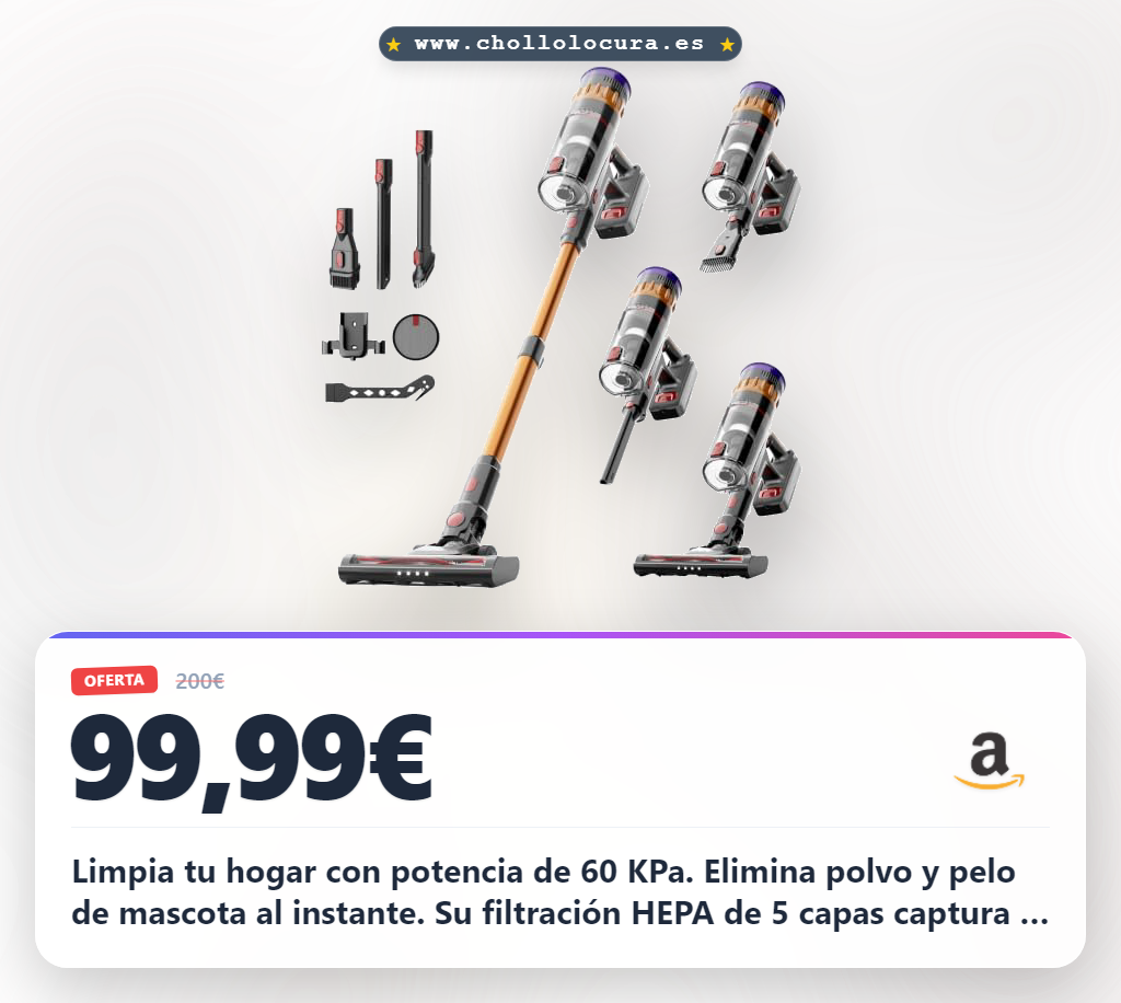 Limpia tu hogar con potencia de 60 KPa. Elimina polvo y pelo de mascota al instante. Su filtración HEPA de 5 capas captura el 99,9% de partículas finas. Con 3 modos de succión y luz LED, adapta la limpieza a cualquier rincón. Máxima eficacia y salud para toda la familia.