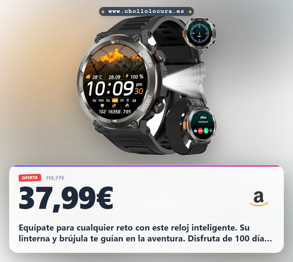 Equípate para cualquier reto con este reloj inteligente. Su linterna y brújula te guían en la aventura. Disfruta de 100 días de autonomía y realiza llamadas HD sin límites.
