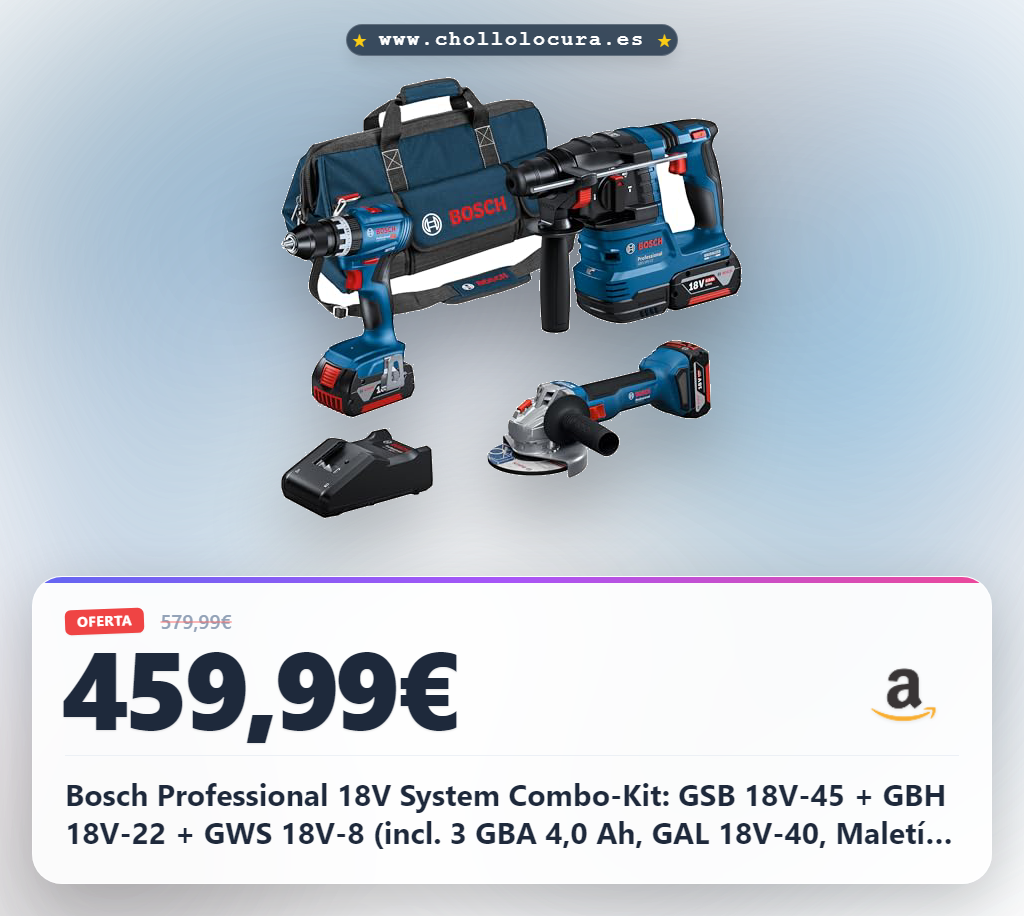Bosch Professional 18V System Combo-Kit: GSB 18V-45 + GBH 18V-22 + GWS 18V-8 (incl. 3 GBA 4,0 Ah, GAL 18V-40, Maletín - Amazon Exclusive)