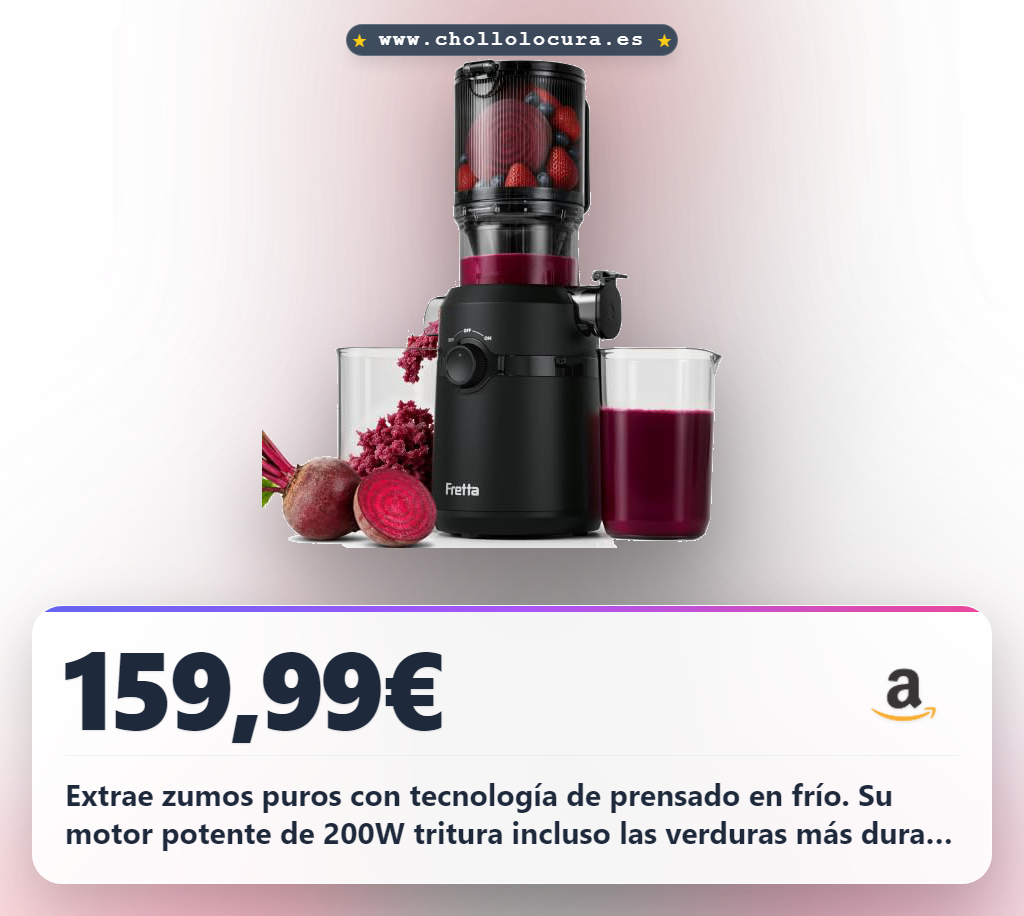 Consigue la extractor de zumos Fretta de 1L con prensado en frío y motor 200W. Aprovecha este slow juicer a precio de chollo.