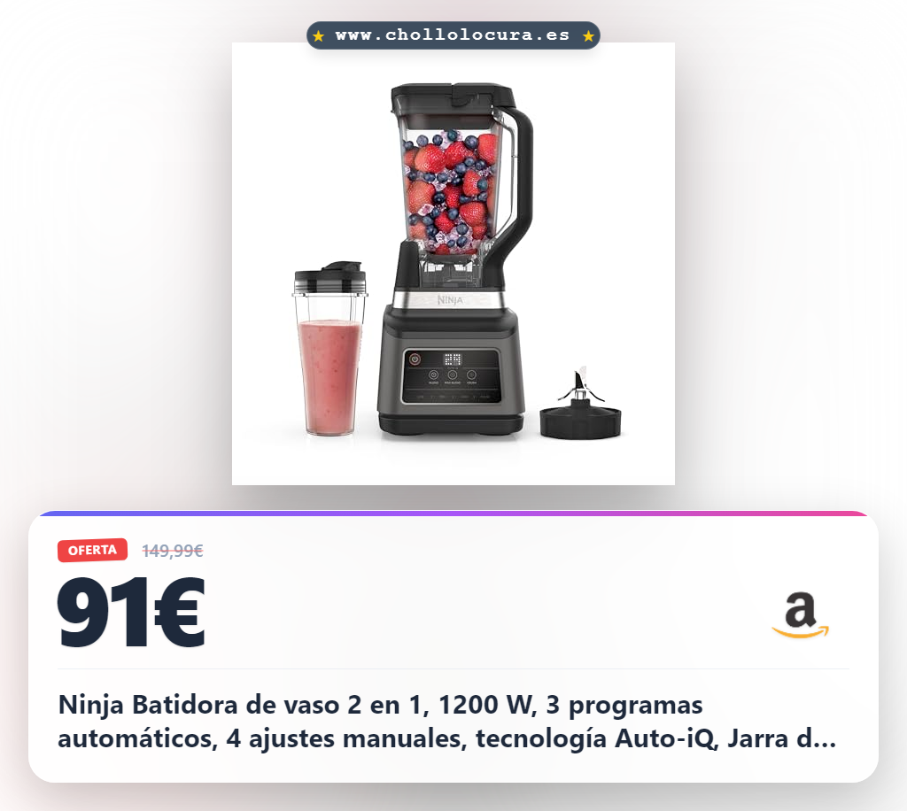 Ninja Batidora de vaso 2 en 1, 1200 W, 3 programas automáticos, 4 ajustes manuales, tecnología Auto-iQ, Jarra de 2,1 l y vaso de 700 ml, piezas aptas para lavavajillas, en negro, BN750EU