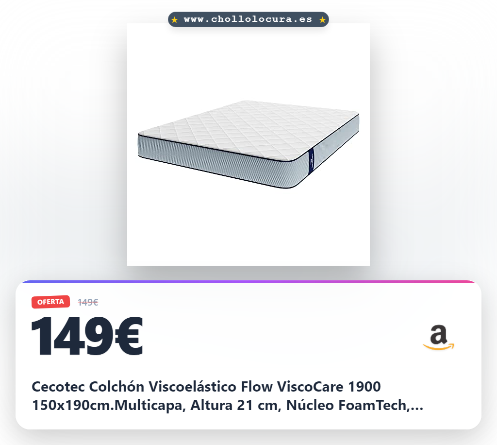 Cecotec Colchón Viscoelástico Flow ViscoCare 1900 150x190cm.Multicapa, Altura 21 cm, Núcleo FoamTech, Firmeza Alta, Capa Viscoelástica ViscoCare, Tejido PureCare, Doble Cara AllPerfect
