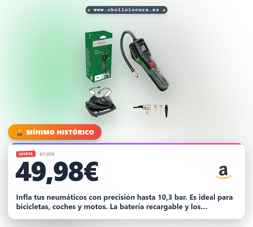 Aprovecha la bomba neumática Bosch a batería con kit de adaptadores y bolsa en oferta histórica