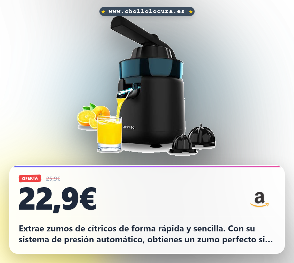 Aprovecha el exprimidor eléctrico de brazo Cecotec EssentialVita Hyden 120W. Ideal para cítricos. Incluye 2 conos desmontables.