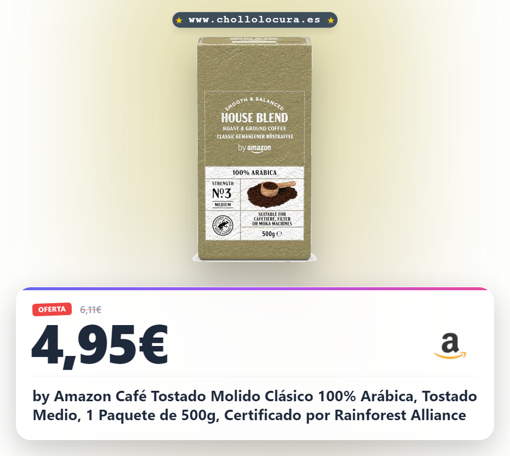 Consigue Café Tostado Molido Clásico 100% Arábica Amazon, 500g, tostado medio y Rainforest Alliance al mejor precio.