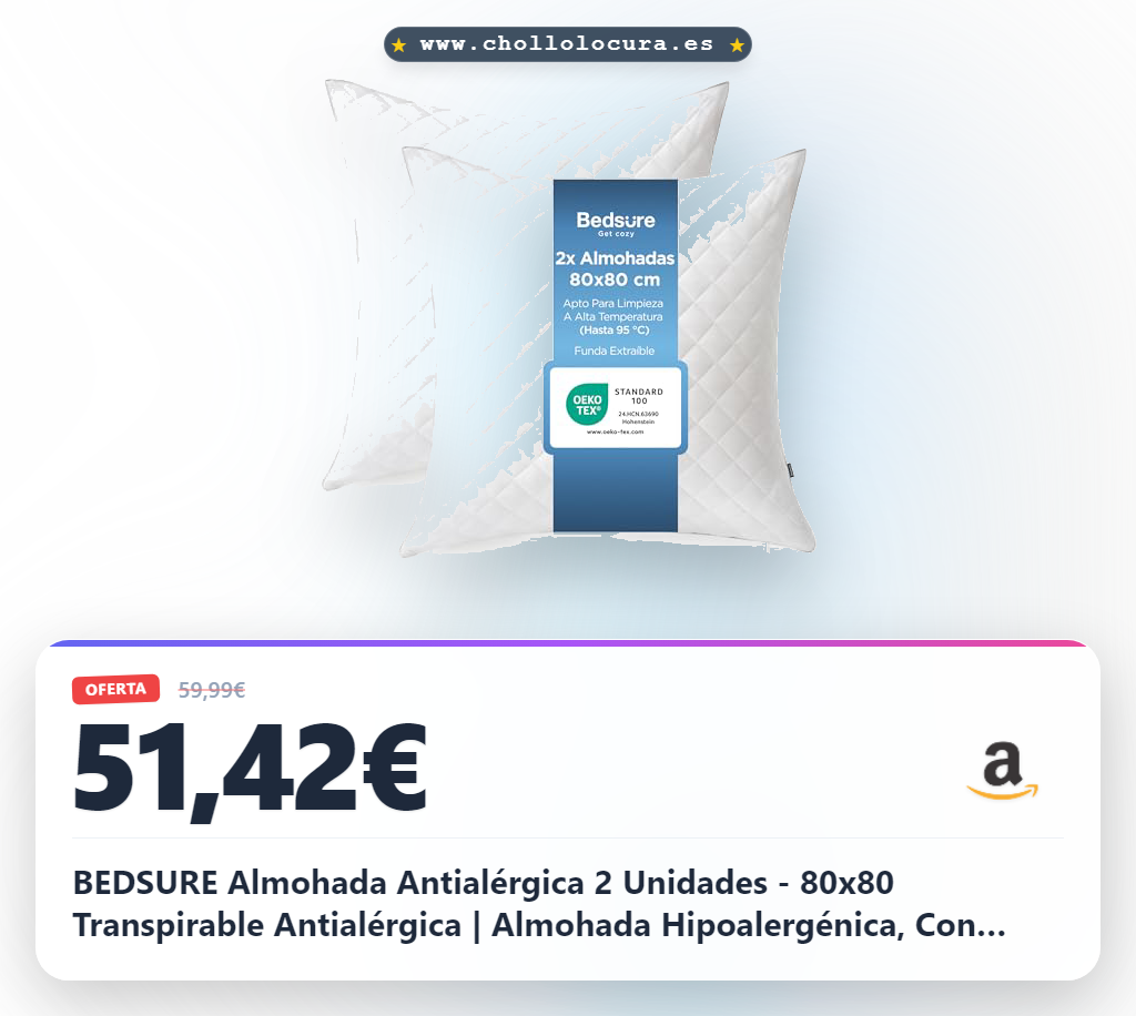 Aprovecha la Almohada Antialérgica BEDSURE 2 Unidades 80x80 Oeko-TEX con relleno ajustable al mejor precio en oferta