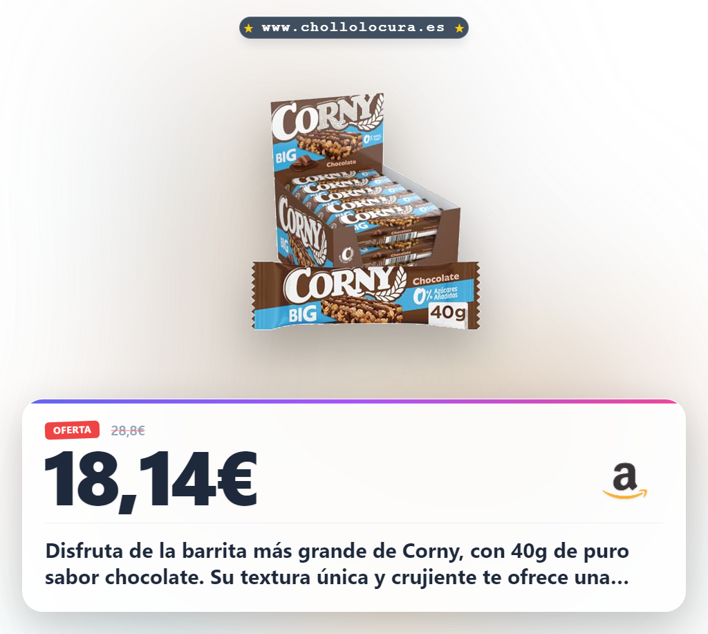 Disfruta de la barrita más grande de Corny, con 40g de puro sabor chocolate. Su textura única y crujiente te ofrece una experiencia indulgente. Sin azúcares añadidos, es el snack saludable y energético perfecto para llevar contigo.