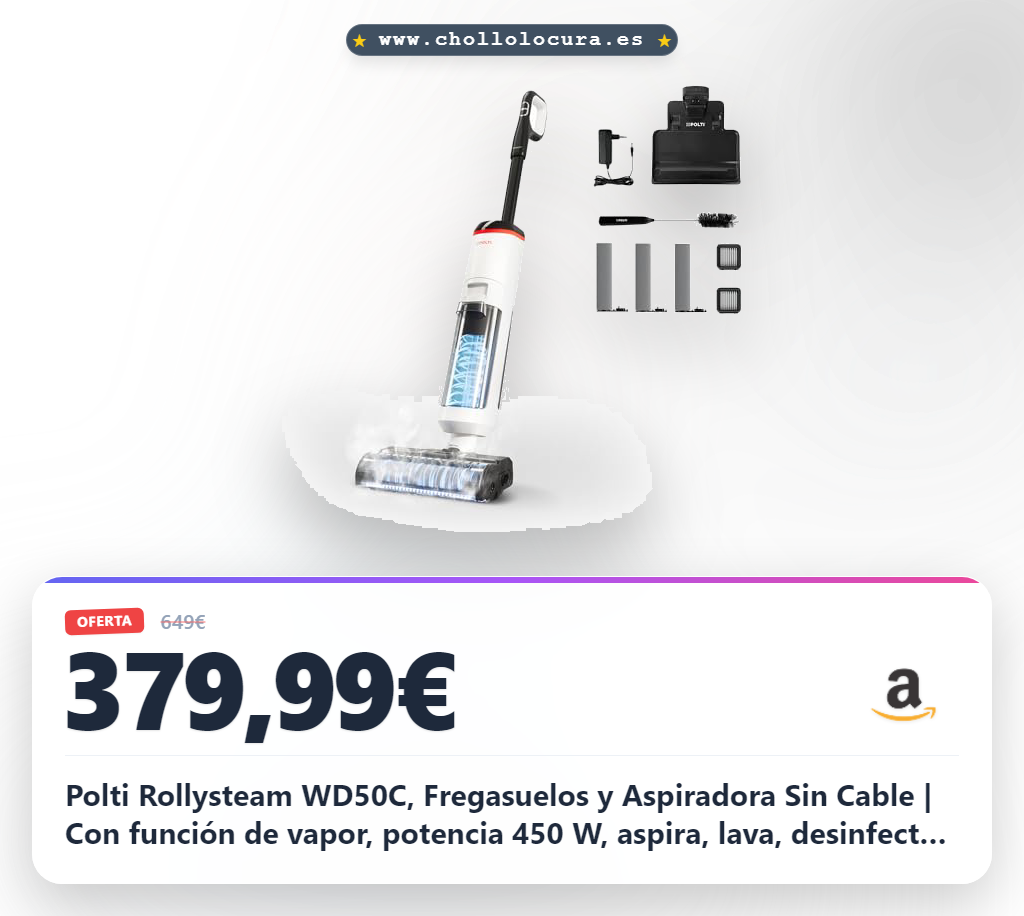 Polti Rollysteam WD50C, Fregasuelos y Aspiradora Sin Cable | Con función de vapor, potencia 450 W, aspira, lava, desinfecta también simultáneamente, sin cable, autolimpieza, blanco