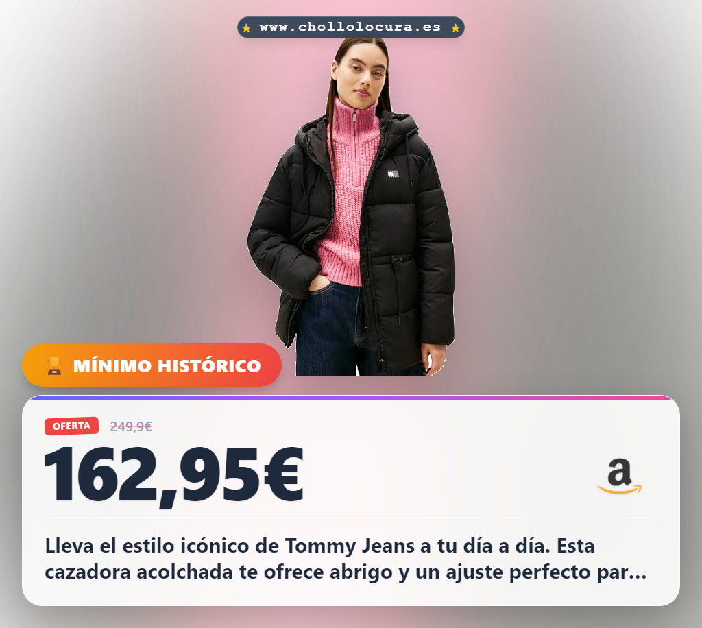 Encuentra la chaqueta acolchada Tommy Jeans con capucha negra para mujer al mejor precio de oferta