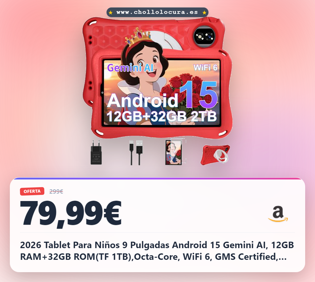 2026 Tablet Para Niños 9 Pulgadas Android 15 Gemini AI, 12GB RAM+32GB ROM(TF 1TB),Octa-Core, WiFi 6, GMS Certified, BT5.0, 8+5MP,5000mAh,Widevine L1,Control Parental,Tablet Niños con EVA Funda-Rojo