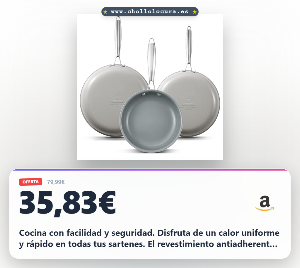 Aprovecha este juego de sartenes inducción con cerámica antiadherente sin PFOA para toda la familia