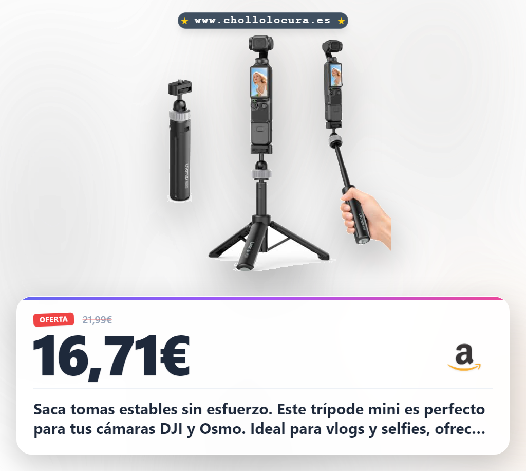 Saca tomas estables sin esfuerzo. Este trípode mini es perfecto para tus cámaras DJI y Osmo. Ideal para vlogs y selfies, ofrece la máxima versatilidad y control. ¡Captura tus mejores momentos con facilidad!