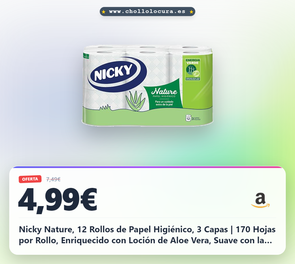 Nicky Nature, 12 Rollos de Papel Higiénico, 3 Capas | 170 Hojas por Rollo, Enriquecido con Loción de Aloe Vera, Suave con la Piel, Celulosa 100% Pura, Certificación FSC