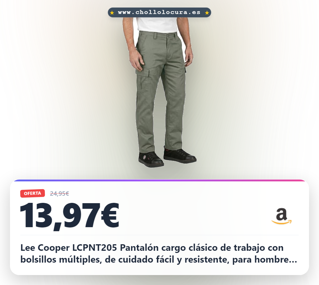 Lee Cooper LCPNT205 Pantalón cargo clásico de trabajo con bolsillos múltiples, de cuidado fácil y resistente, para hombre, Caqui, 38W / 29L