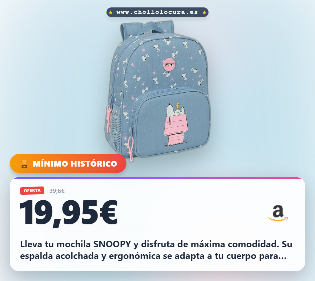 Lleva tu mochila SNOOPY y disfruta de máxima comodidad. Su espalda acolchada y ergonómica se adapta a tu cuerpo para que no te canses. Con bolsillos laterales y gran capacidad, organiza todo lo que necesitas para el colegio o los paseos. Calidad y resistencia para durar años.