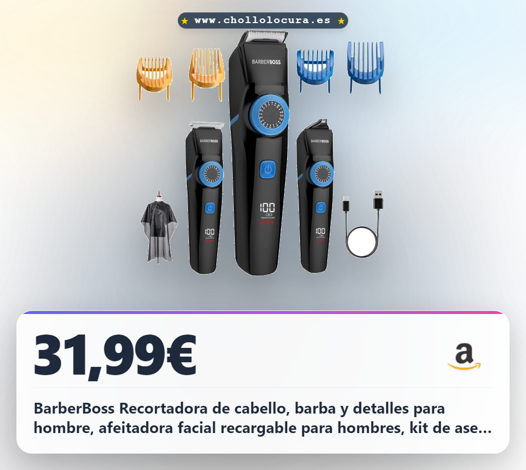 BarberBoss Recortadora de cabello, barba y detalles para hombre, afeitadora facial recargable para hombres, kit de aseo inalámbrico 3 en 1 con esfera de precisión, indicadores LED kit de aseo