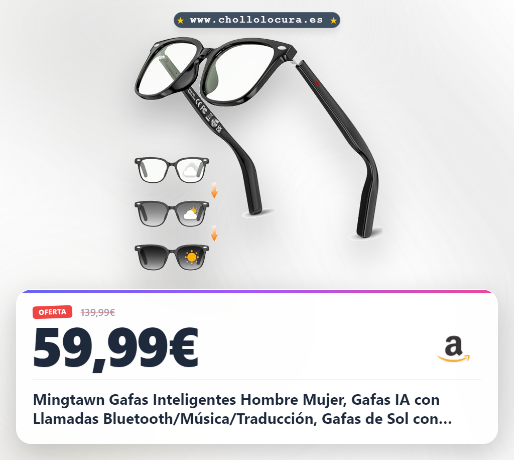 Mingtawn Gafas Inteligentes Hombre Mujer, Gafas IA con Llamadas Bluetooth/Música/Traducción, Gafas de Sol con Lentes Fotocromáticas, Smart Glasses 32g Ultraligeras, Negro