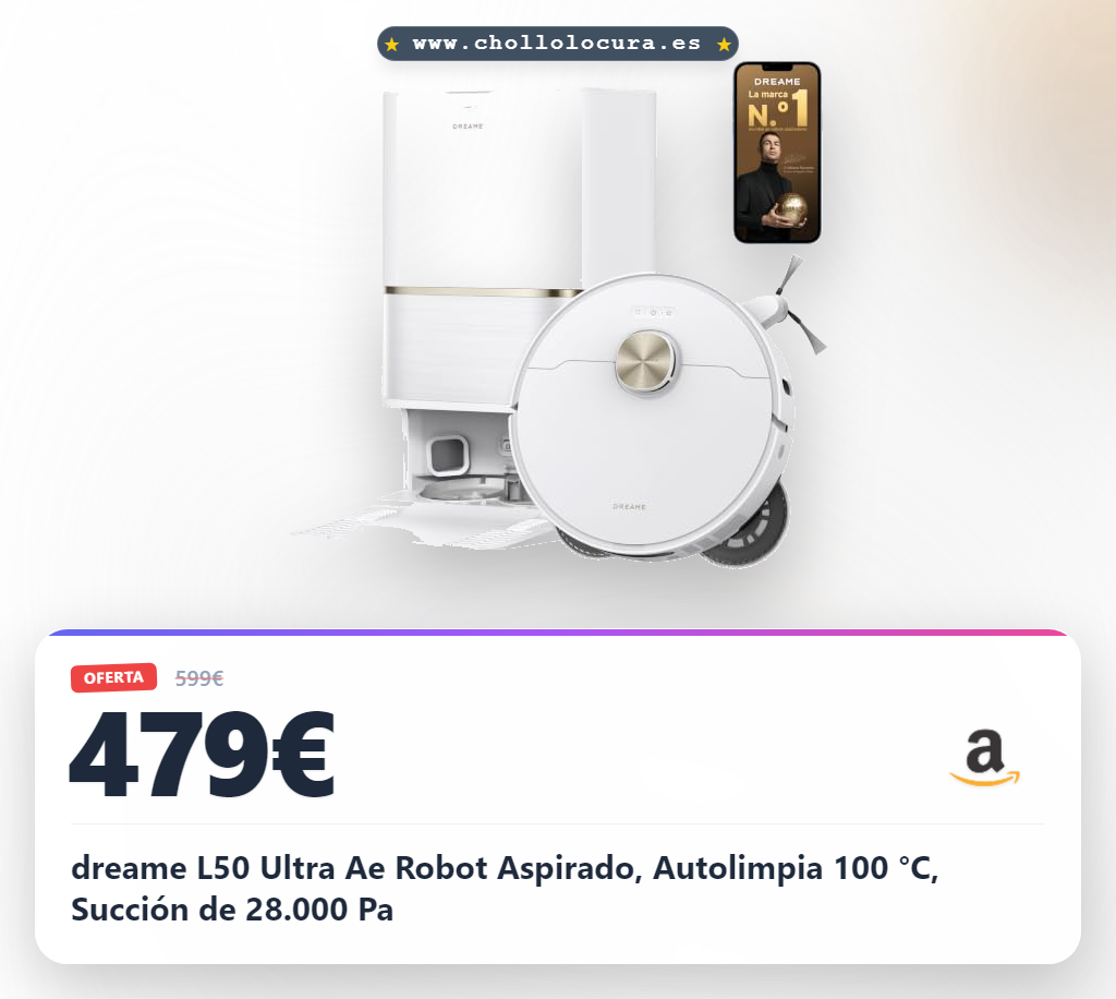 dreame L50 Ultra Ae Robot Aspirado, Autolimpia 100 °C, Succión de 28.000 Pa