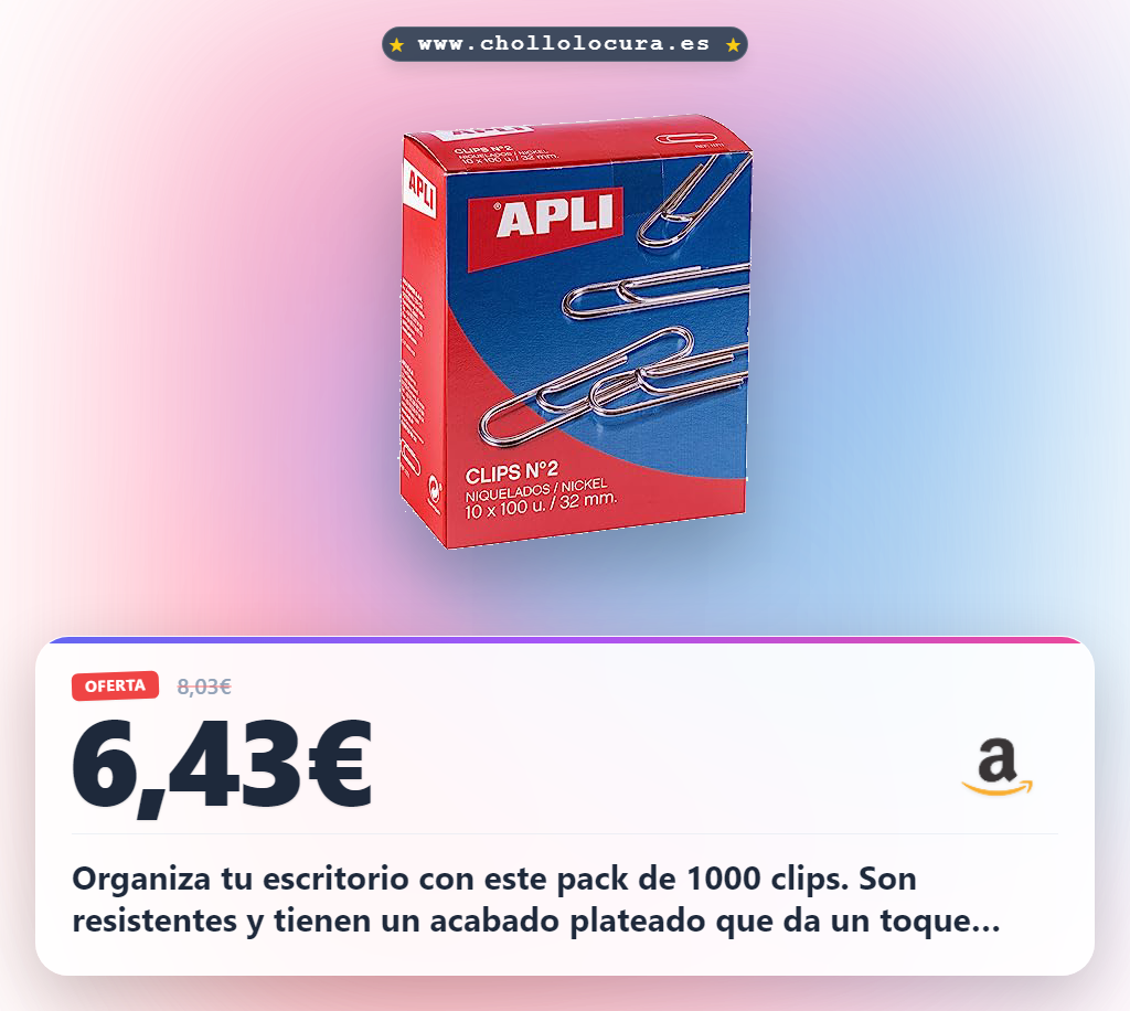 Organiza tu escritorio con este pack de 1000 clips. Son resistentes y tienen un acabado plateado que da un toque profesional a tu espacio. Mantén todos tus documentos bien sujetos sin dañar el papel. ¡La solución práctica y de alta calidad que necesitas!