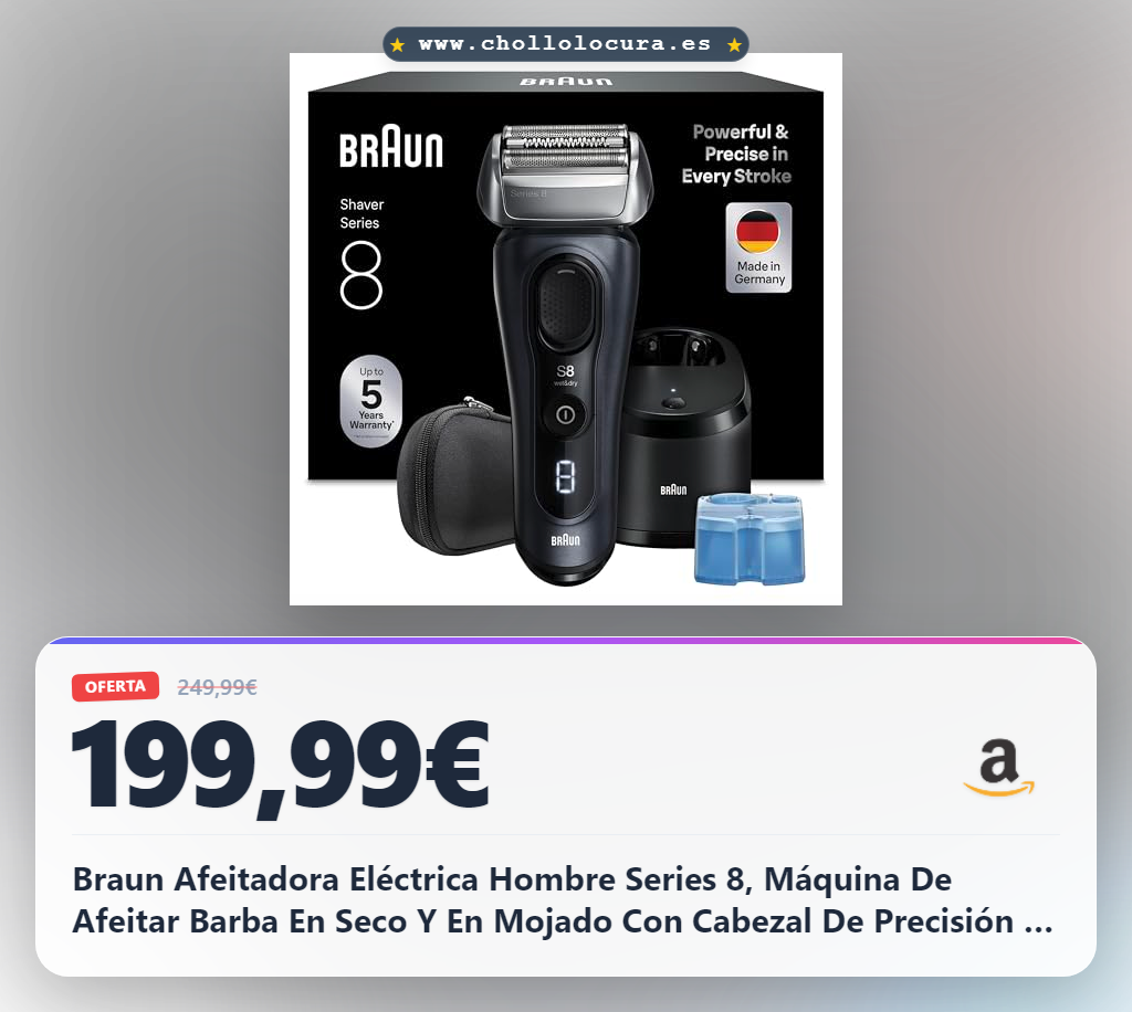 Braun Afeitadora Eléctrica Hombre Series 8, Máquina De Afeitar Barba En Seco Y En Mojado Con Cabezal De Precisión y Recortadora, 60 Min De Uso, Centro De Limpieza, Estuche De Viaje, 8663CC, Gris