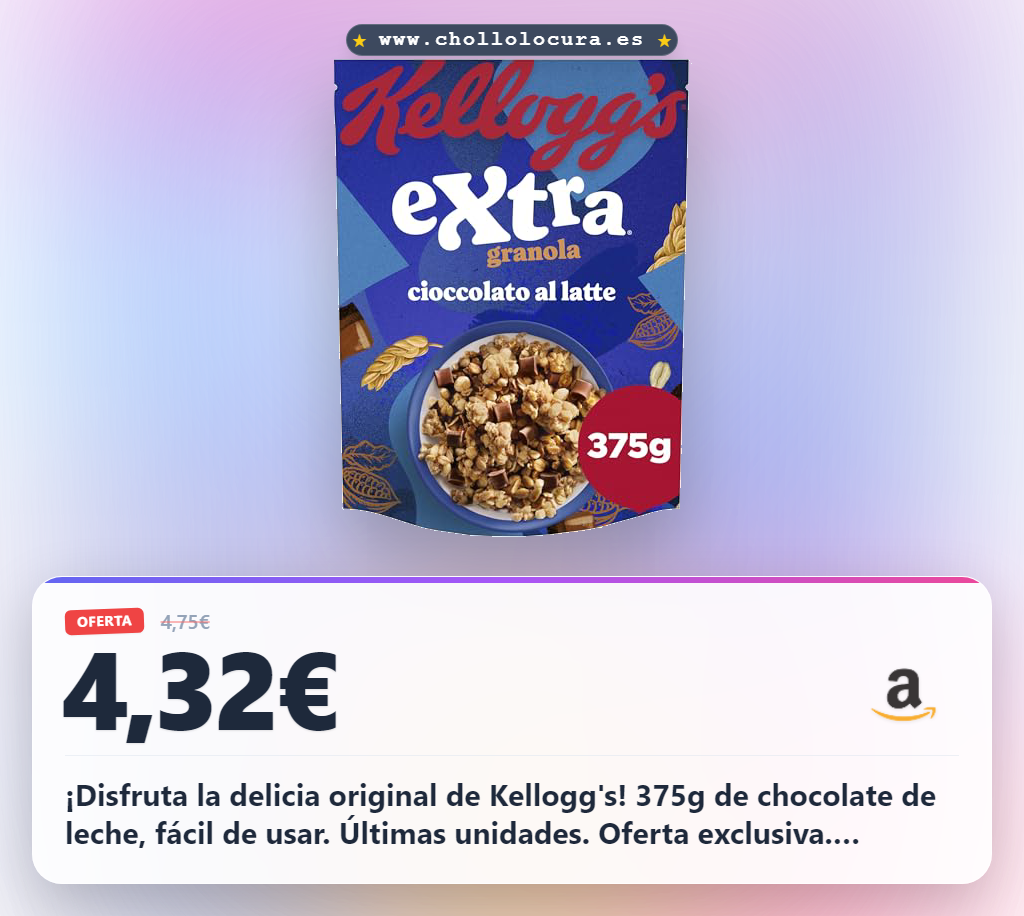 Descubre el Chocolate de Leche Kellogg's 375g en oferta histórica. ¡Últimas unidades a precio de chollo!