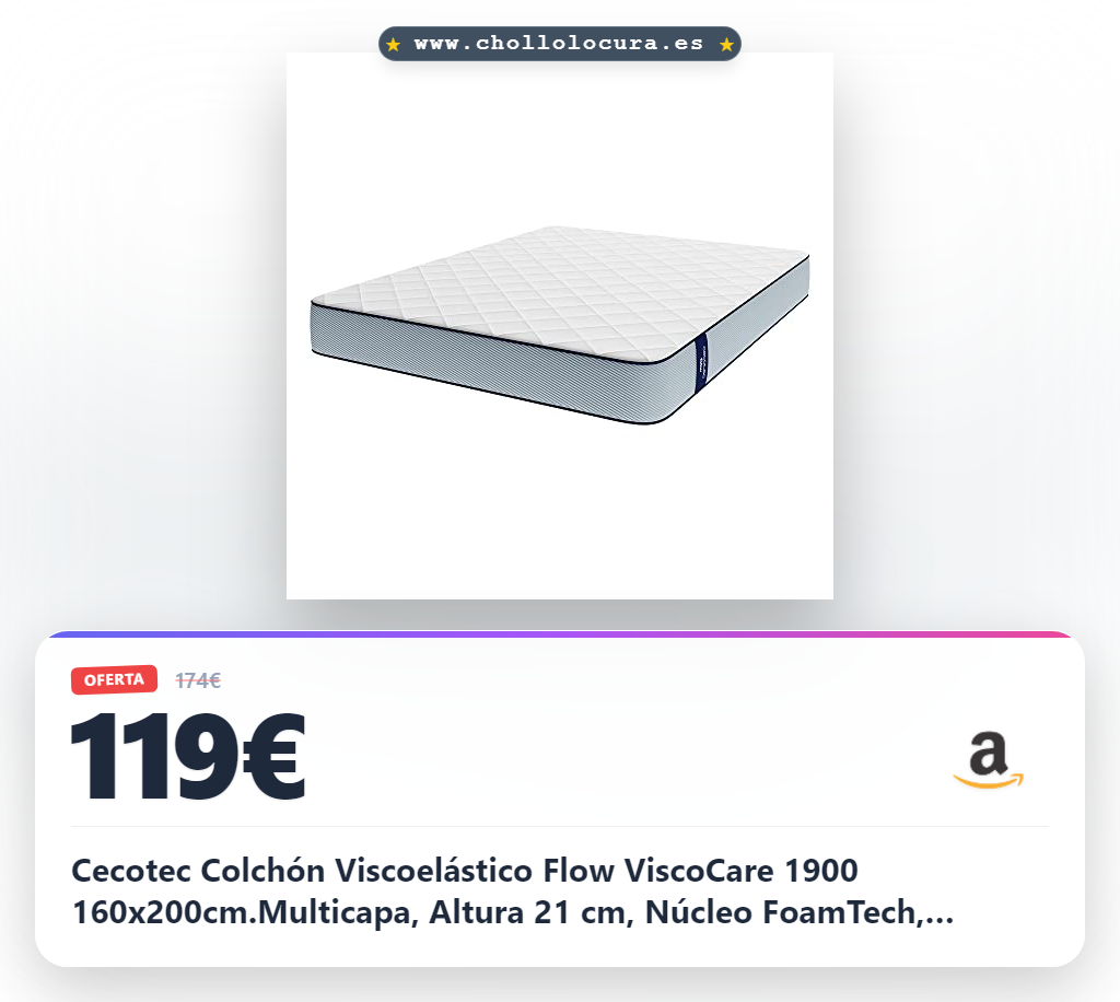 Cecotec Colchón Viscoelástico Flow ViscoCare 1900 160x200cm.Multicapa, Altura 21 cm, Núcleo FoamTech, Firmeza Alta, Capa Viscoelástica ViscoCare, Tejido PureCare, Doble Cara AllPerfect