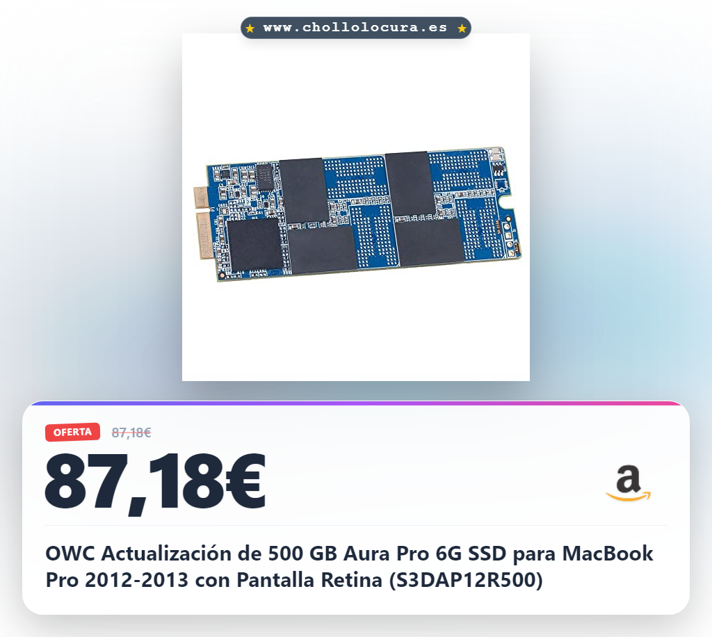 ¡Actualiza tu MacBook Pro Retina con SSD Aura Pro 6G OWC de 500 GB (530 MB/s)!
