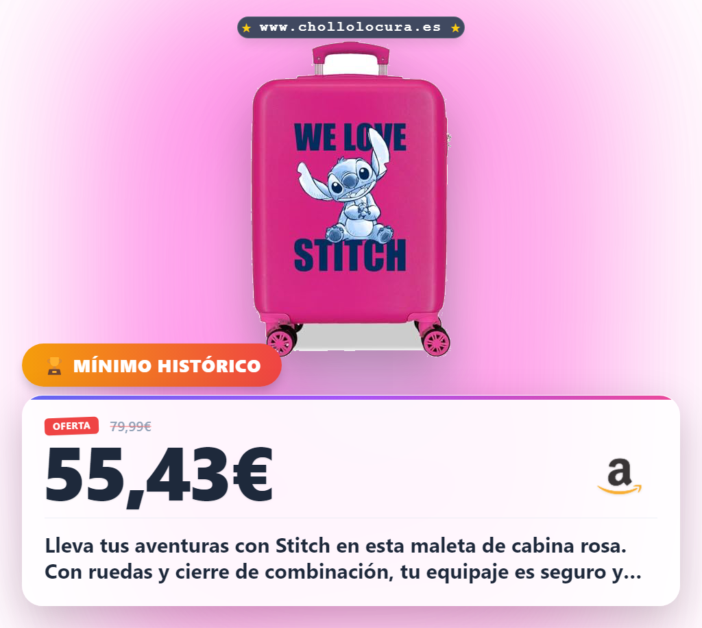 Consigue la maleta de cabina Disney Stitch rosa 35L con ruedas y cierre de combinación al mejor precio