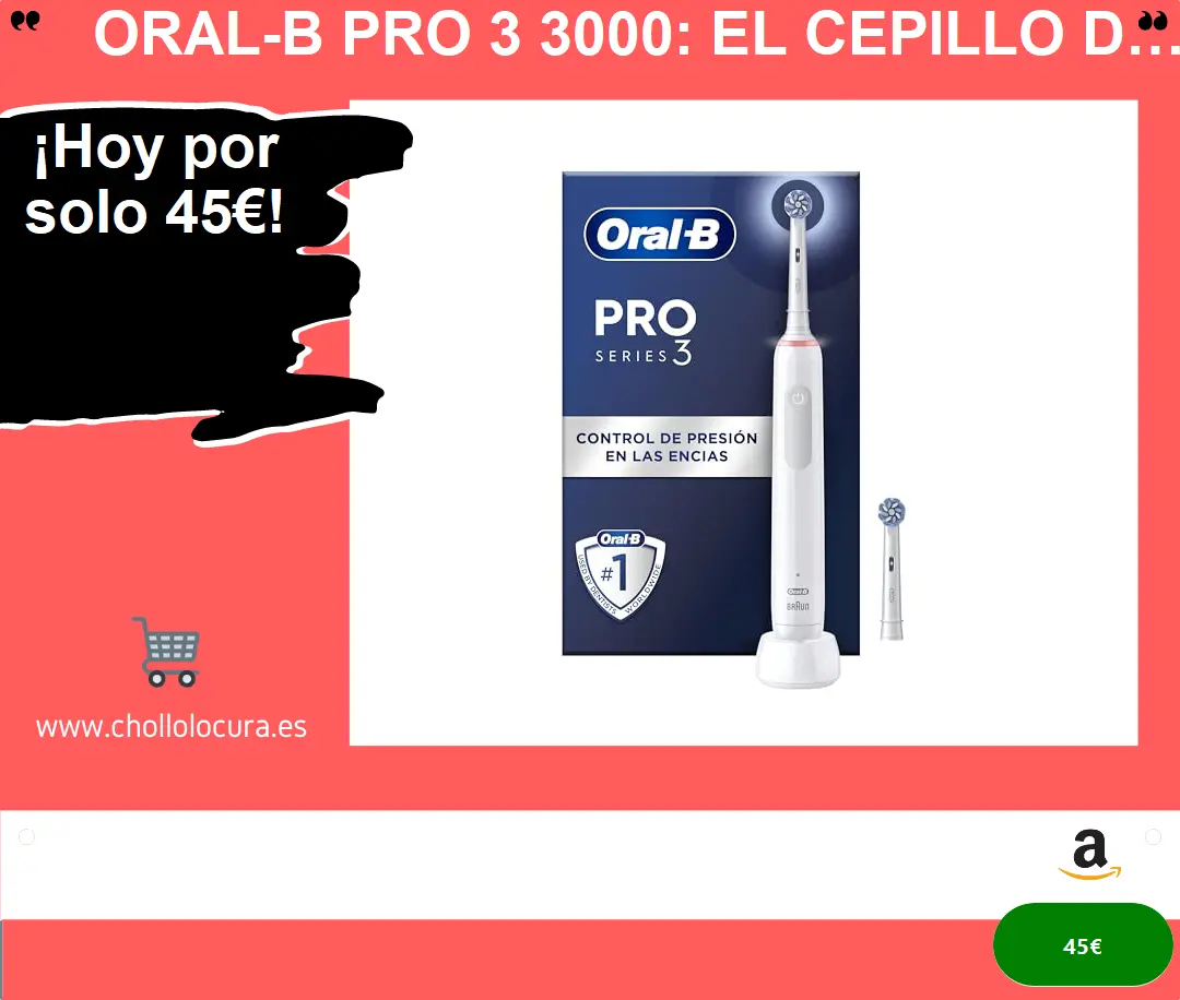 Oral-B Pro 3 3000: El Cepillo de Dientes Eléctrico con Mango Recargable y 2 Cabezales, Diseñado por Braun - Blanco