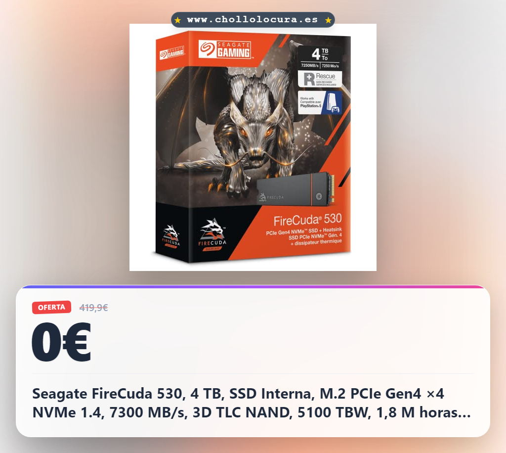 Seagate FireCuda 530, 4 TB, SSD Interna, M.2 PCIe Gen4 ×4 NVMe 1.4, 7300 MB/s, 3D TLC NAND, 5100 TBW, 1,8 M horas MTBF, disipador de calor, para PS5/PC, 3 años Rescue Services (ZP4000GM3A023)