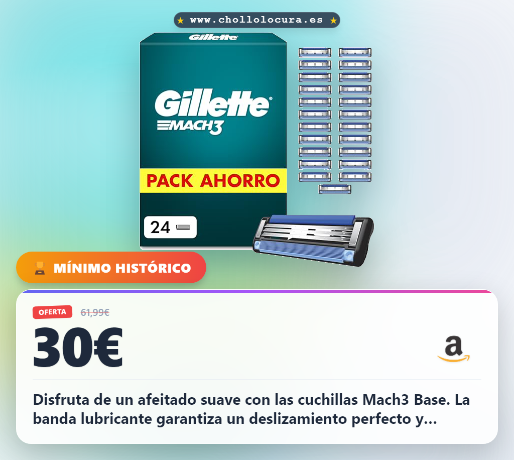 Consigue recambios Gillette Mach3 Base con 24 cuchillas y banda lubricante para un afeitado suave al mejor precio