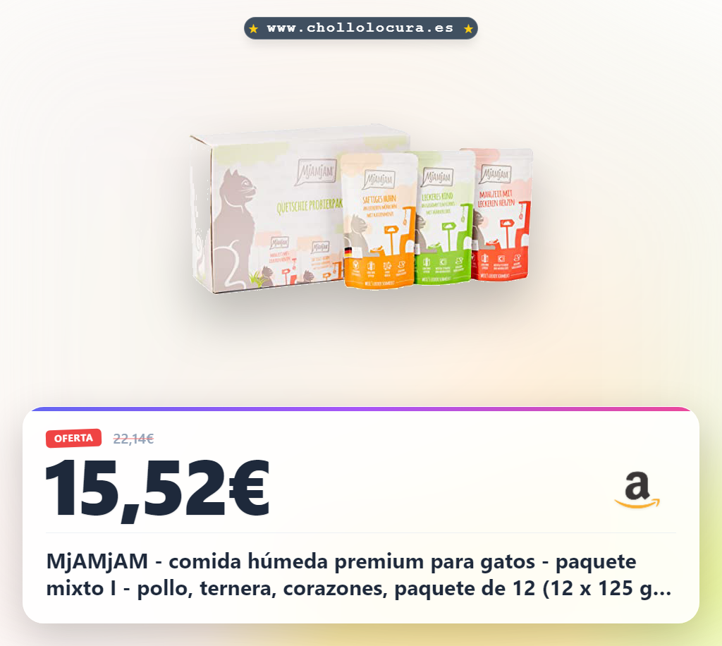 MjAMjAM - comida húmeda premium para gatos - paquete mixto I - pollo, ternera, corazones, paquete de 12 (12 x 125 g), sin cereales con carne extra