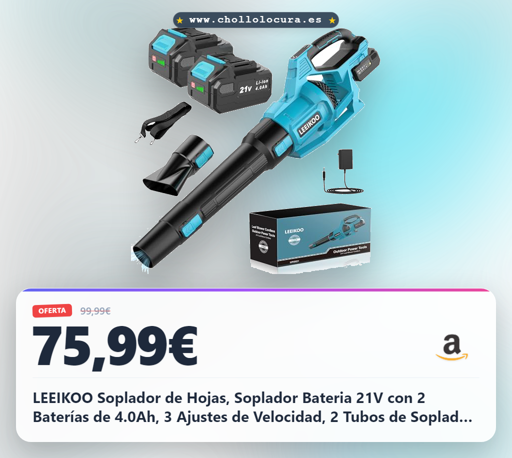 LEEIKOO Soplador de Hojas, Soplador Bateria 21V con 2 Baterías de 4.0Ah, 3 Ajustes de Velocidad, 2 Tubos de Soplado, Correa para el Hombro para Soplar Hojas, Nieve, Polvo y Residuos